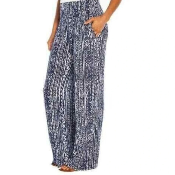 Women Three Dots Wide Leg Aztec Indigo Elastic waist Boho Lagenlook Size Medium - Picture 1 of 4
